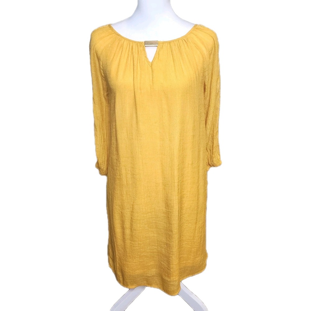 Indigo Rose Dress Womens Petite Medium Yellow Gauze Lined Peasant Boho Flowy Sun